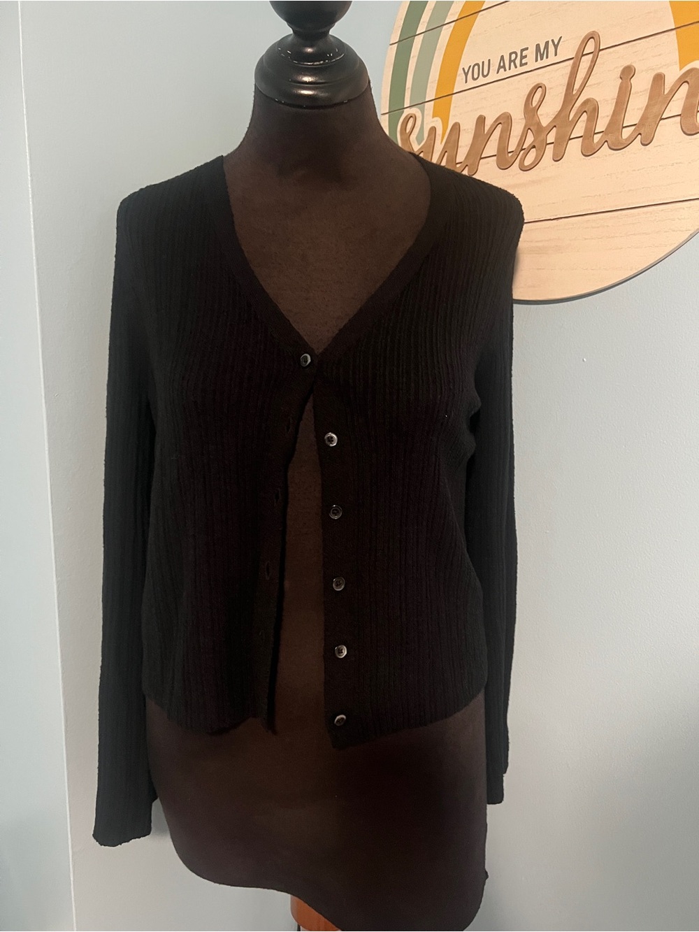 Women's Black Textured Ribbed Button Cardigan Sweater, Large
